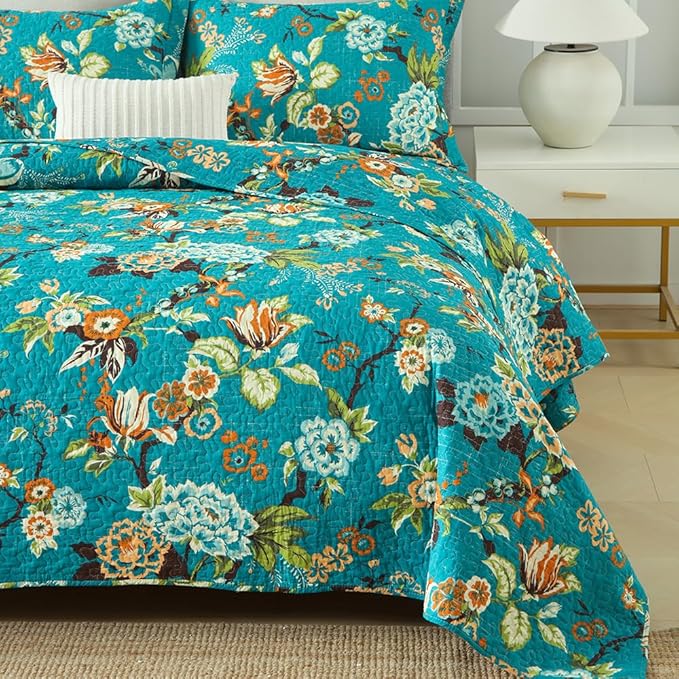 ENASAL Cotton Bedspread Quilt Sets Reversible Bedding Coverlet Sets Comforter, Vintage Floral Farmhouse Pastoral Turquoise Bedspread, Queen Size