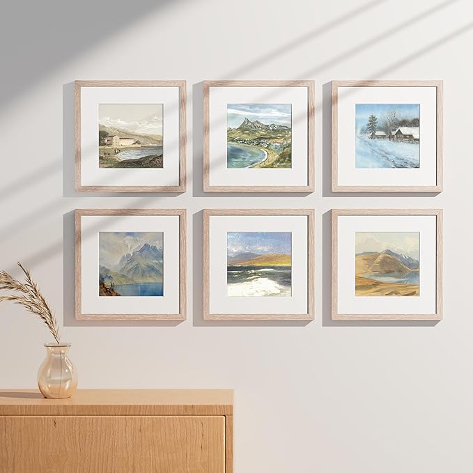 Vittanly 12x12 Picture Frames Set of 9, Shatter Resistant Plexiglass, Display 8x8 Pictures with Mat or 12x12 without Mat, Photo Frames for Wall Mount, Engineered Wood, Rustic Pink