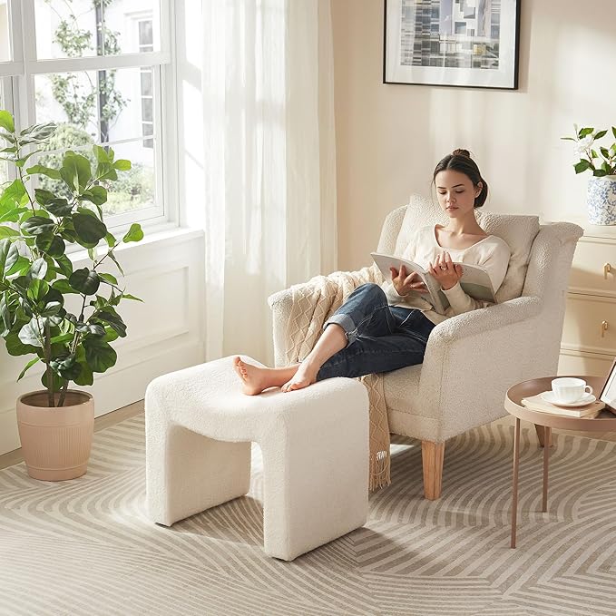 Small Footstool Ottoman Vanity Stool Chair Seating Backless Modern Foot Rest Teddy Velvet Ottoman for Makeup Room Living Room Bedroom Entryway,White (Single 1)