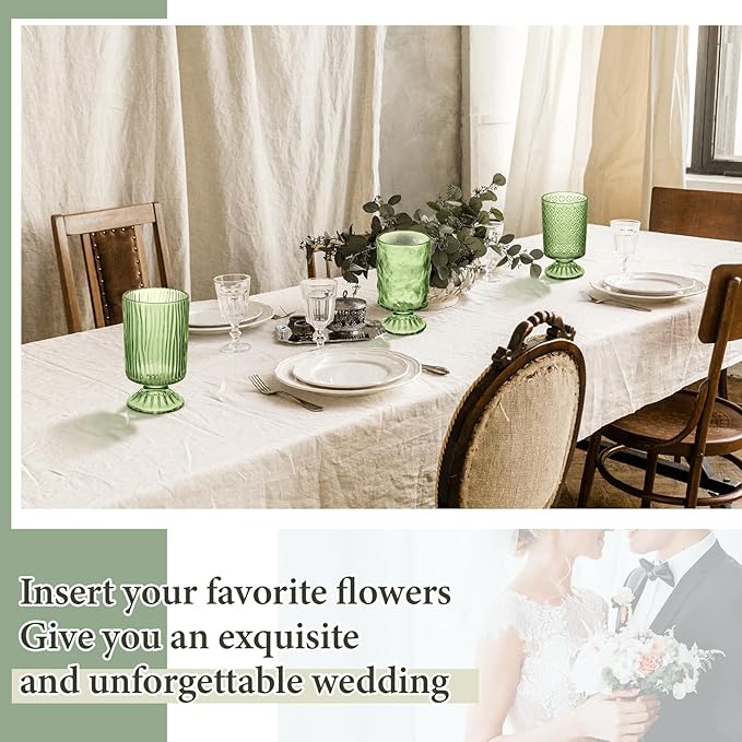 6 Pcs (H:7" W:4") Embossed Flower Vase Fall Pedestal Glass Vase Big Base Thickened Crystal Vintage Vases for Autumn Wedding Home Decor Table Centerpiece House Warming Gifts(Green)