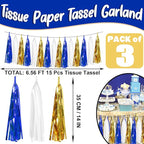 3P Navy-Blue White-Gold Foil Fringe Metallic Tassel-Garland, Tassels Banner Streamers for Parade Floats, Bachelorette, Wedding, Birthday, Halloween, Christmas, Bridal/Baby Shower Party Decorations