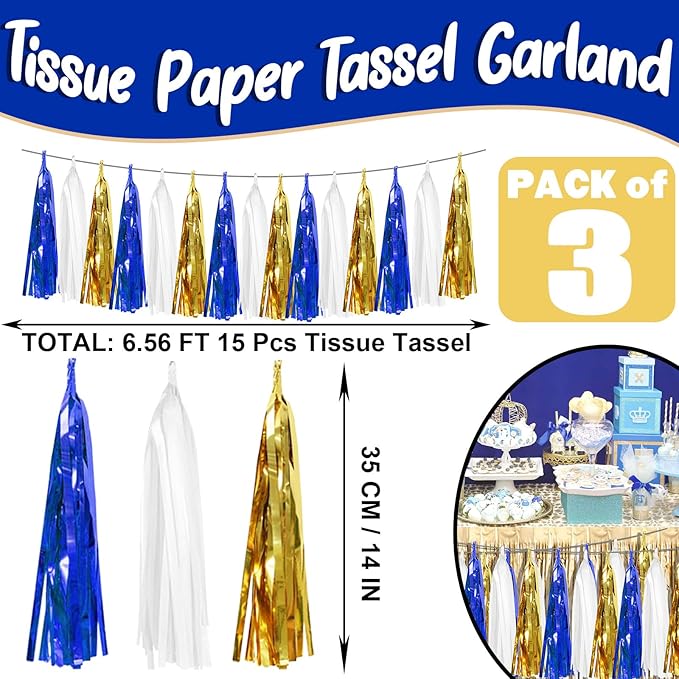 3P Navy-Blue White-Gold Foil Fringe Metallic Tassel-Garland, Tassels Banner Streamers for Parade Floats, Bachelorette, Wedding, Birthday, Halloween, Christmas, Bridal/Baby Shower Party Decorations