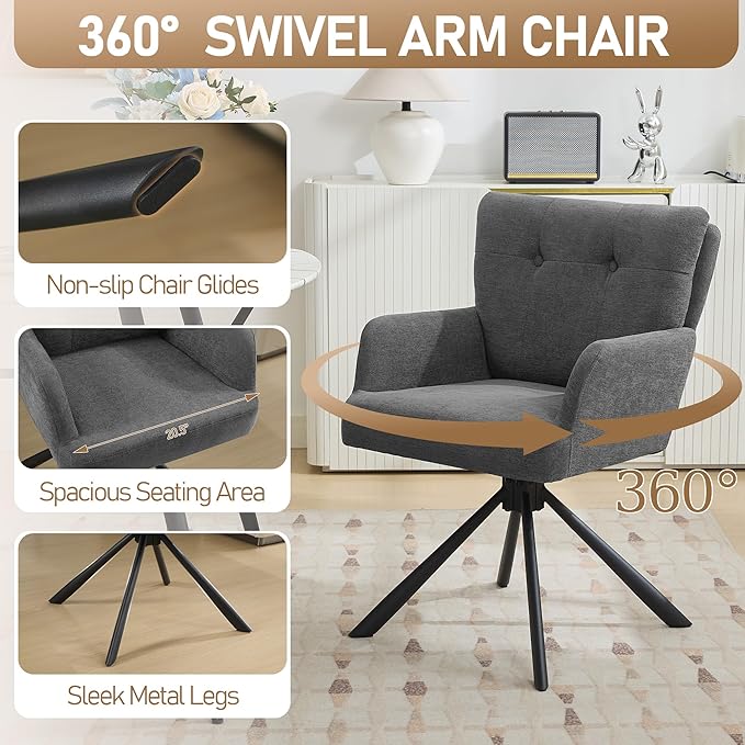 Fabric Dining Chair Modern Upholstered Swivel Dining Room Chairs Comfy Accent Armchair with Mid Back, Desk Arm Chair No Wheels for Kitchen/Living Room/Dining Room, Grey