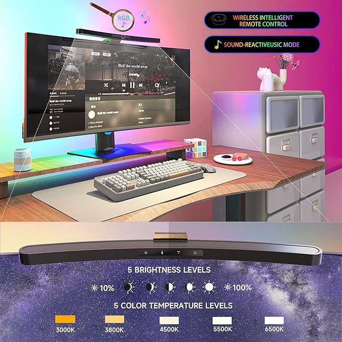 ONWAY Curved Monitor Light Bar with Wireless Remote,Monitor Light Bar with Auto-Dimming and Camera Base,Applicable to All Screens. No Screen Glare,for (RGB)