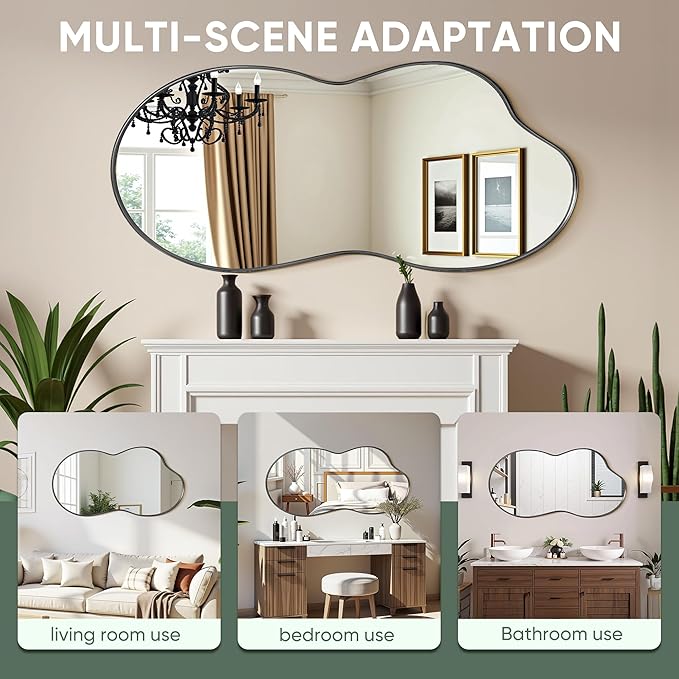 Suidia Irregular Wall Mirror, 55"x28" Bathroom Mirror Asymmetrical Mirrors Artistic Mirrors Decorative for Living Room Bedroom Bathroom Hallway Entryway, Black, Cloud Style