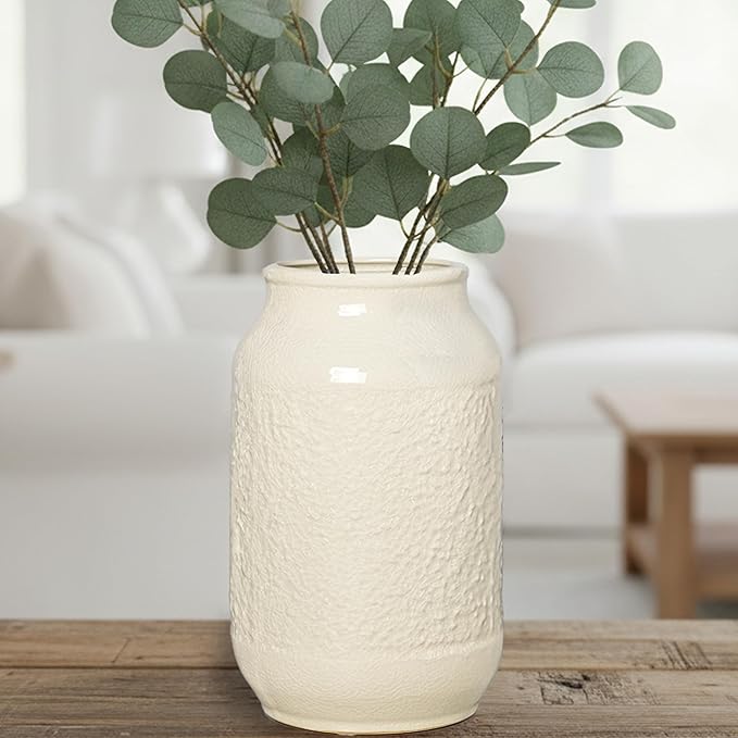 White Ceramic Vase for Flowers, 9 Inch Modern Decorative Vase for Home Decor, Centerpieces, Table, Living Room, Bathroom, Kitchen, Jarrones Decorativos para Sala