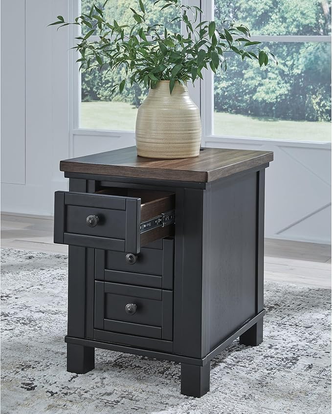 Signature Design by Ashley Wildenauer Farmhouse 3-Drawer Chairside End Table with USB Ports, Light Brown & Black