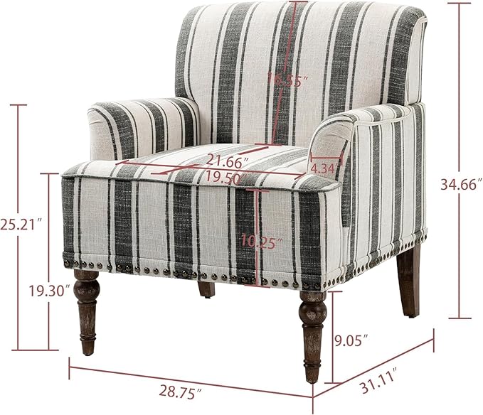UIXE Stripe Accent Chair, Modern Upholstered Armchair in Fabric for Living Room, Nailhead Trim Club Arm Chair Comfy Single Sofa Bedroom Reading Seat with Wood Legs - Black