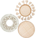 LOCS MICRAI Boho Wall Basket Decor Set of 3 - Flat Woven Basket Wall Hanging Decor,Round Tassels White Macrame Tapestry Wall Decor Art,Handmade Rattan Wicker Seagrass Home Wall Baskets Decor