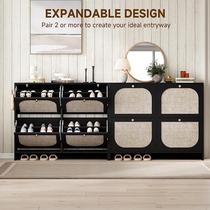 Nicetree Freestanding Arched Rattan Accent Ultra Slim Shoe Cabinet for Entryway - 4 Flip Drawers & 3-Tier Adjustable Shelves, Farmhouse Modern Rustic Shoe Rack for Hallway, Foyer, Living Room