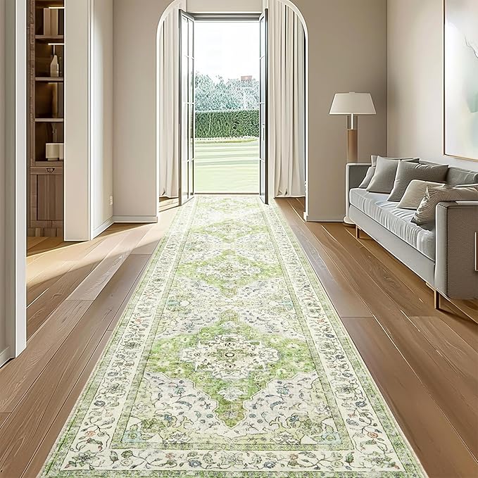 Topllen Runner Rug - 2'x10' Boho Washable Kitchen Rug, Non-Slip Soft Low Pile Rugs Indoor for Hallway Hall Living Room Bedroom Sunroom, Vintage Throw Stair Carpet Stain Resistance (Green, 2x10ft)