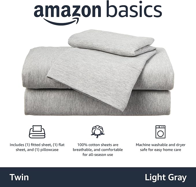 Amazon Basics 3 Piece Bed Sheets Set, 100% Cotton Jersey, Includes Super Soft, Flat and Fitted Sheets, Pillowcase, Twin, Light Gray, Solid