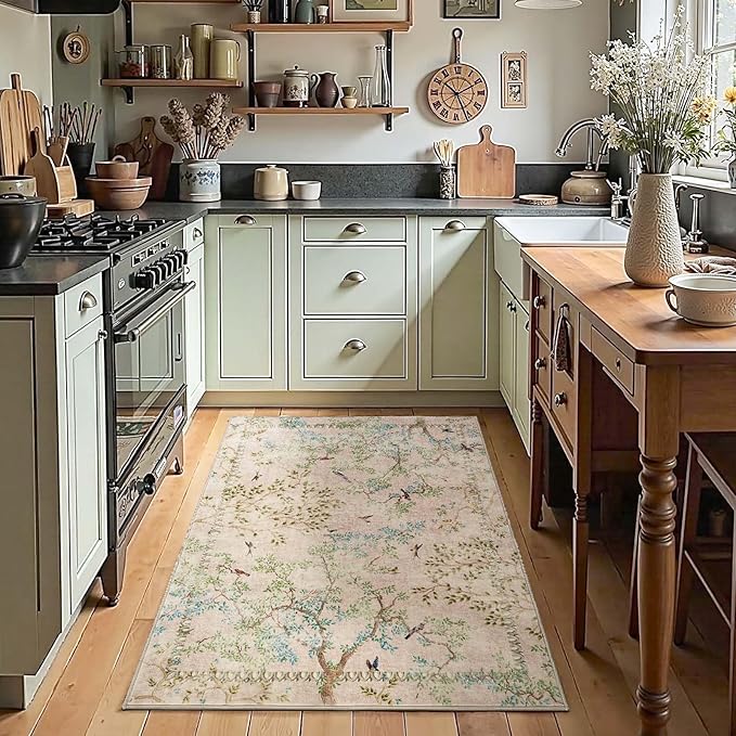 jinchan Botanical Birds 3x5 Beige Area Rugs for Entryway Washable Non Slip Soft Nature Plants Modern Kids Room Carpet Vintage Ultra Thin Low Pile Rug for Living Room Kitchen Bathroom Front Door