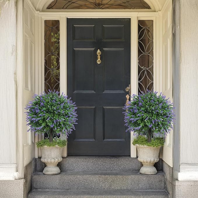 Set of 2 Artificial Lavender Boxwood Topiary Ball Bush for Outdoor with Ground Spike 22", UV Resistant Faux Greenery Shrubs, Fake Boxwood Plants for Indoor, Garden, Yard, Porch, Patio Decor