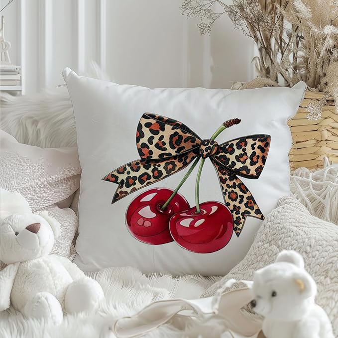 Coquette Leopard Bow Cherry Pillow Covers 18x18, Coquette Cheetah Print Room Decor, Preppy Girly Trendy Leopard Ribbon Cherry Decorative Throw Pillow Covers for Girls Dorm Apartment