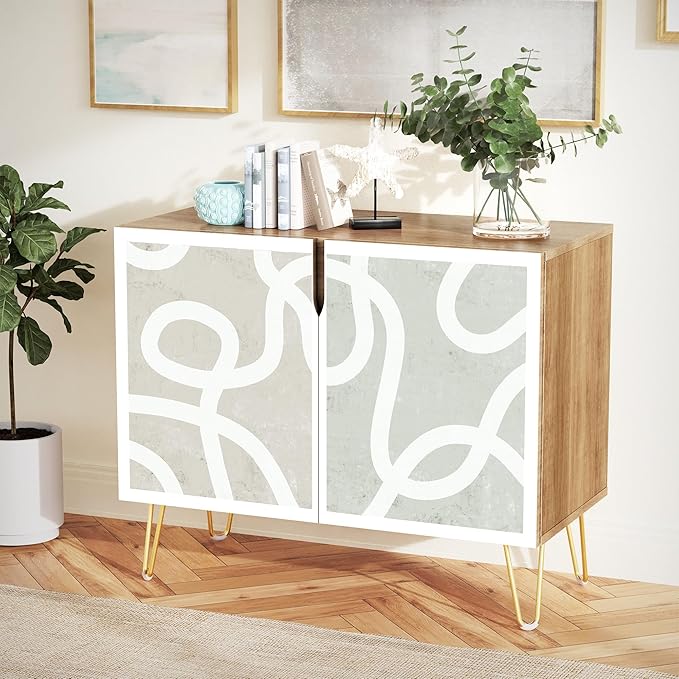 SIGNWIN Sideboard Buffet Cabinet, Kitchen Storage Cabinet with 2 Doors, Pastel Gray Geometric Line, Cupboard Console Table for Dining Room - 35" L x 18" W x 29" H