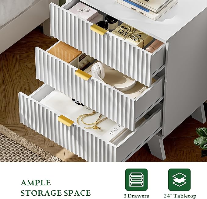 Fluted Nightstand with Charging Station, 24" Wide Bedside Table with 3 Large Storage Drawers, Modern Wood Side Table Night Stand, End Table Small Dresser for Bedroom, Living Room, Dorm, White
