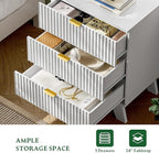 Fluted Nightstand with Charging Station, 24" Wide Bedside Table with 3 Large Storage Drawers, Modern Wood Side Table Night Stand, End Table Small Dresser for Bedroom, Living Room, Dorm, White