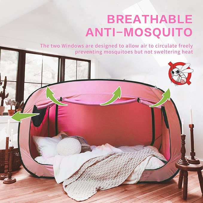 Bed Tent Twin Bed Canopy Portable Dream Tent for Adult Indoor Sleeping Tents with 2 Doors Breathable Private Space Tents, Pink