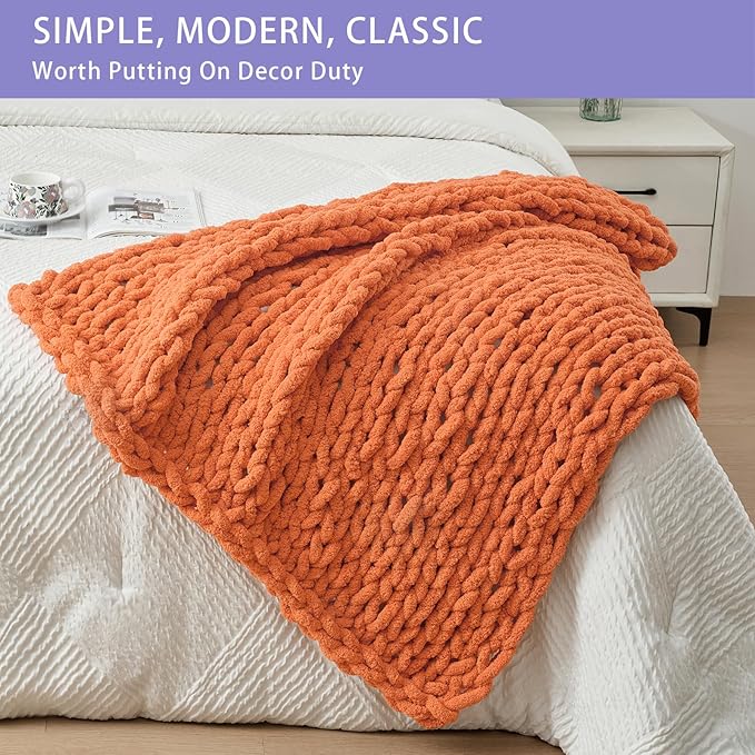 Bigacogo Chunky Knit Throw Blanket for Couch, 40x40 inches, 100% Hand Knitted with Thick Jumbo Chenille Yarn, Cozy Soft Large Rope Knot Cable Crochet Blankets for Sofa Bed Living Room, Terracotta