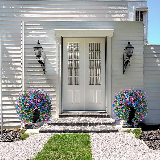 Artificial Fake Hanging Flowers Plants for Outdoor Spring Decoration, 2 PCS Faux Silk Daisy Flower UV Resistant Look Real for Outside Patio Porch Garden Balcony Yard Home Summer Decor(Perple Blue)