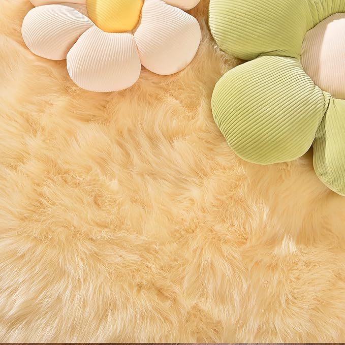 Latepis Yellow Fluffy Circle Rugs for Living Room Round Rug 6.7ft Plush Shag Washable Soft Rug Faux Fur Sheepskin Rugs for Bedroom Home Decor
