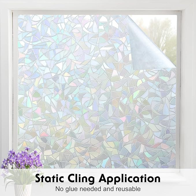 Volcanics Rainbow Window Privacy Film - Decorative Stained Glass Film, Static Window Clings, Heat Control Tinting - Grayish Silver, 35.4 x 78.7 inches