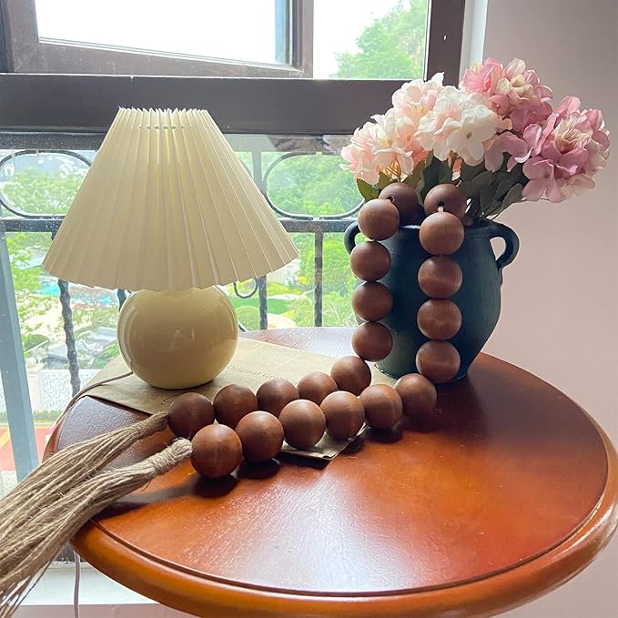 OMISHE 76" Long Extra Large Wood Bead Garland with 1.6" Diameter Wooden Beads and Tassels, Rustic Farmhouse Country Decorative Beads for Home Tiered Tray Decor, Brown