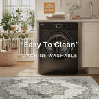 GENIMO 9x12 Area Rugs for Living Room, Non Slip Machine Washable Vintage Rugs, Low Pile Lightweight Chenille Print Large Rug for Bedroom, Dining Room, Home Office, Heathered Grey