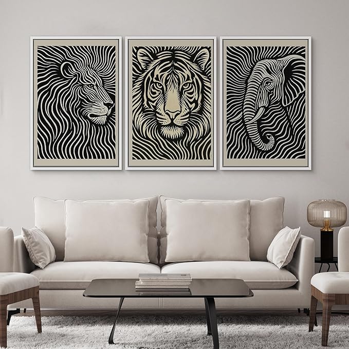 SIGNWIN Framed Canvas Print Wall Art Safari Animal Portrait Lion, Tiger, and Elephant Photography Modern Art Minimalist Black and White for Living Room, Bedroom, Office - 16"x24"x3 White