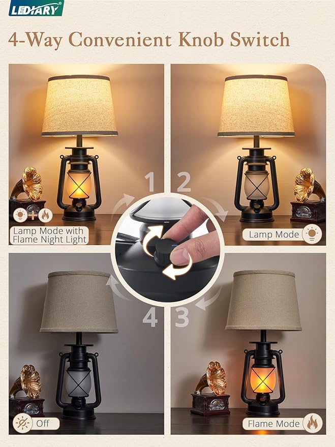 LEDIARY 18.72" Black LED Lantern Flickering Flame Table Lamps for Bedrooms Set of 2, Small Farmhouse Rustic End Table Lamps, Halloween Decorative Lantern Bedside Lamps for Living Room