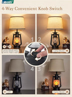 LEDIARY 18.72" Black LED Lantern Flickering Flame Table Lamps for Bedrooms Set of 2, Small Farmhouse Rustic End Table Lamps, Halloween Decorative Lantern Bedside Lamps for Living Room