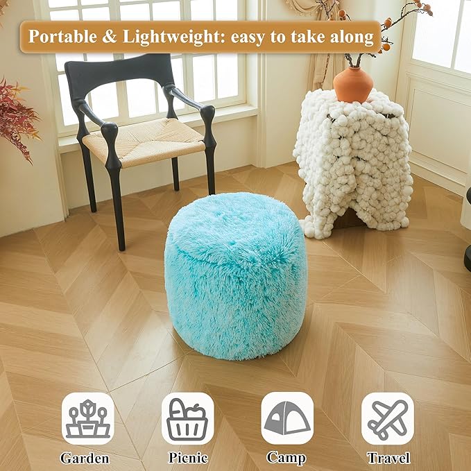 XeGe Fluffy Faux Fur Inflatable Pouf Ottoman, Cozy Portable Fuzzy Foot Stool, Furry Foot Rest Floor Pouf Anti-Slip Kids Girls Adult, Cute Round Ottoman Cushion for Living Room Bedroom, Ombre Aqua