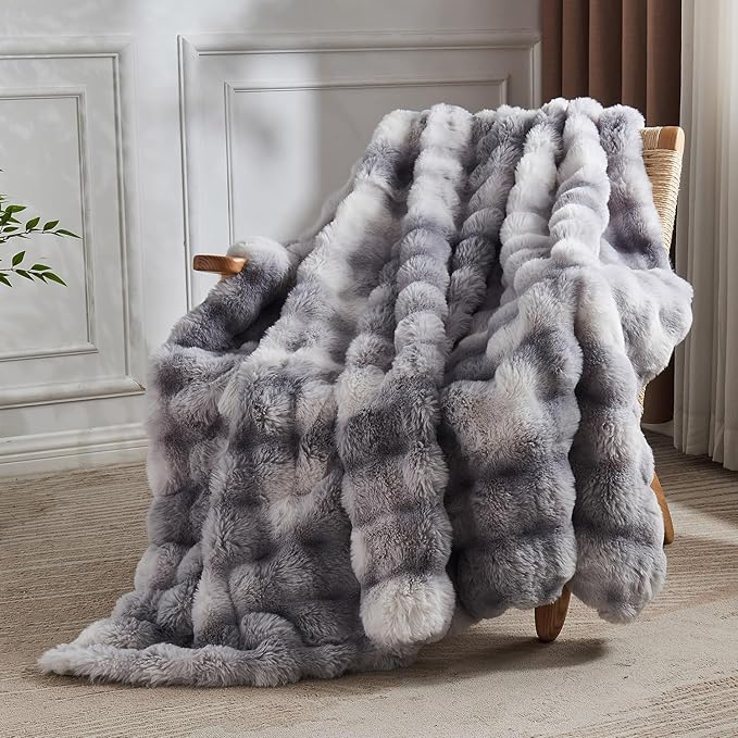 Lotus Karen Faux Fur Throw Blanket - Tie-Dye Gray, Big Bubble Rabbit Fluff, 50x60 Inches