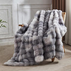 Lotus Karen Queen Size Faux Fur Blanket Tie-Dye Gray - Big Bubble Rabbit Fluff Throw for Bed Large Fluffy Fuzzy Cozy Thick Furry Plush Shaggy Blankets for Men 90x90 Inches