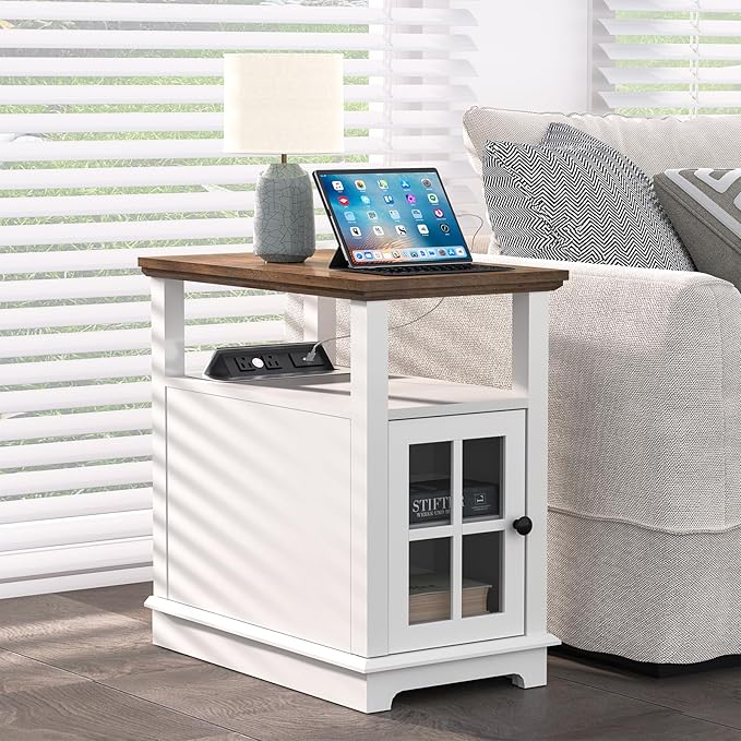 HIFYOBRO Narrow End Table with Flip Top Charging Station, Storage Side Table, Type-C & USB Port & Adjustable Shelf, White End Table Living Room & Bedroom Nightstand