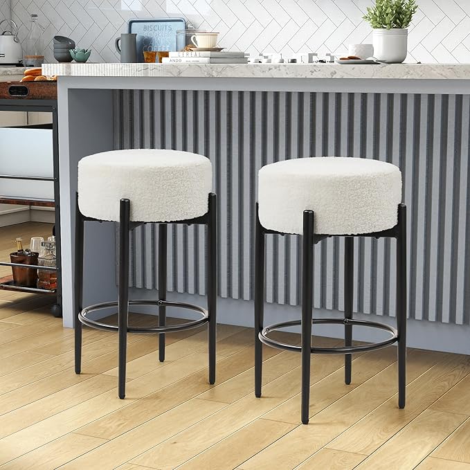 Counter Height Bar Stools, Set of 2, 24" Modern Backless Bar Stools, Ideal for Kitchen Counter, Kitchen Island, Boucle Sherpa Padded Cover, with Round Soft Seat and Foot Rest, White