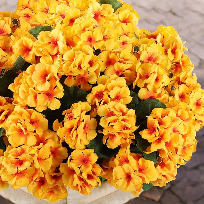 Hananona Artificial Geranium Flowers for Outdoors Geranium Silk Flowers Outdoor UV Resistant Garden Plants Faux Flowers for Home Kitchen Table Centerpieces Decor (12, Yellow)