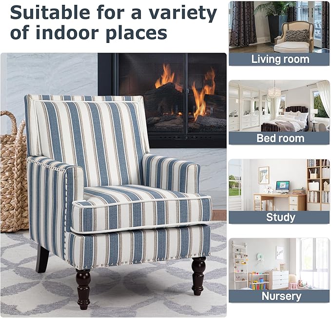 Accent Chair, Modern Comfy Mid-Century Accent Chairs，Linen Upholstered Lounge Arm Chair with Solid Wood Reading Side Padded Single Sofa for Living Room/Office/Balcony/Bedroom-Blue Stripe