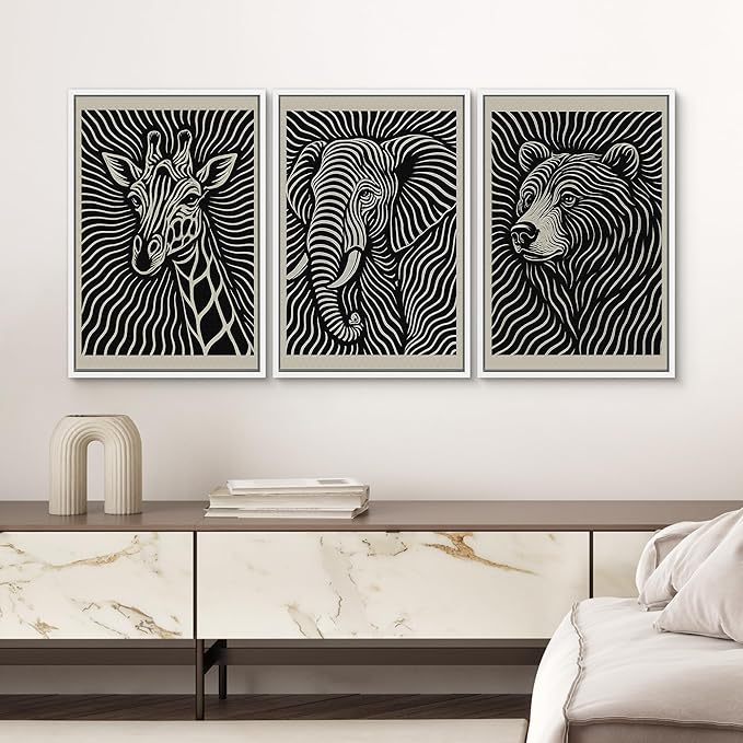 SIGNWIN Framed Canvas Print Wall Art Wildlife Portrait Giraffe, Elephant, and Bear Photography Modern Art Minimalist Black and White for Living Room, Bedroom, Office - 24"x36"x3 White