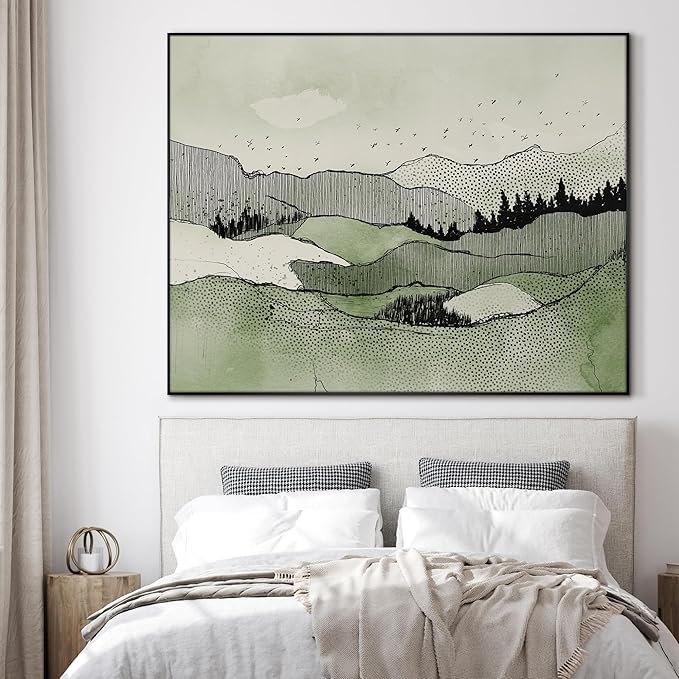SIGNWIN 46"x60" Extra Large Framed Wall Art Green Line Art Mountain Landscape Illustration for Home Living Room Bedroom Decor (Frame Assembly Required)