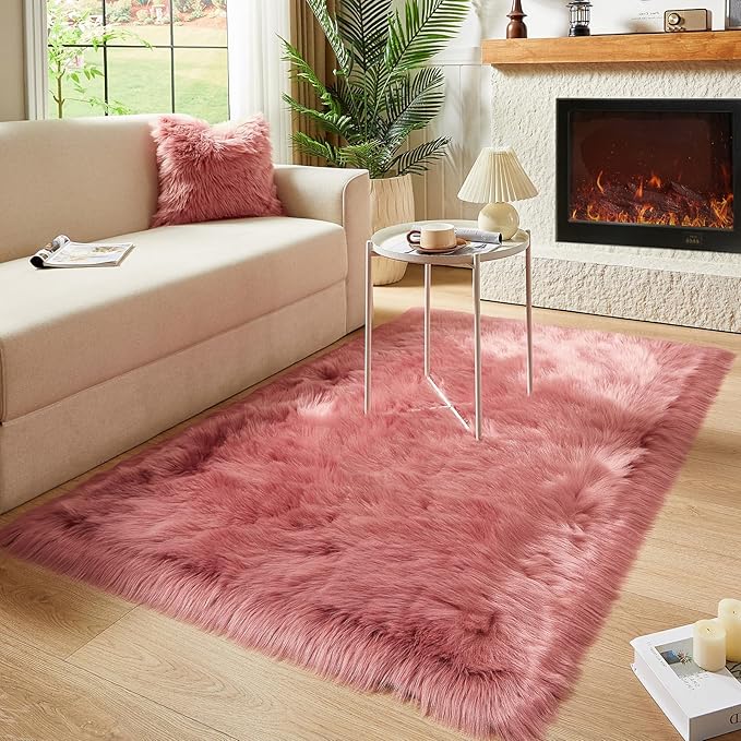 AMTOVO Faux Fur Sheepskin Rug for Living Room, 4 x 6 ft Blush Pink Fluffy Area Rug for Bedroom, Playroom, Luxury Room Decor, Rectangle