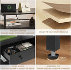 27 Inch Wide Night Stand with Charging Station, Wood Nightstand with Open Shelf, Large Drawer Bedside Table for Living Room/Bedroom/Office (Black)