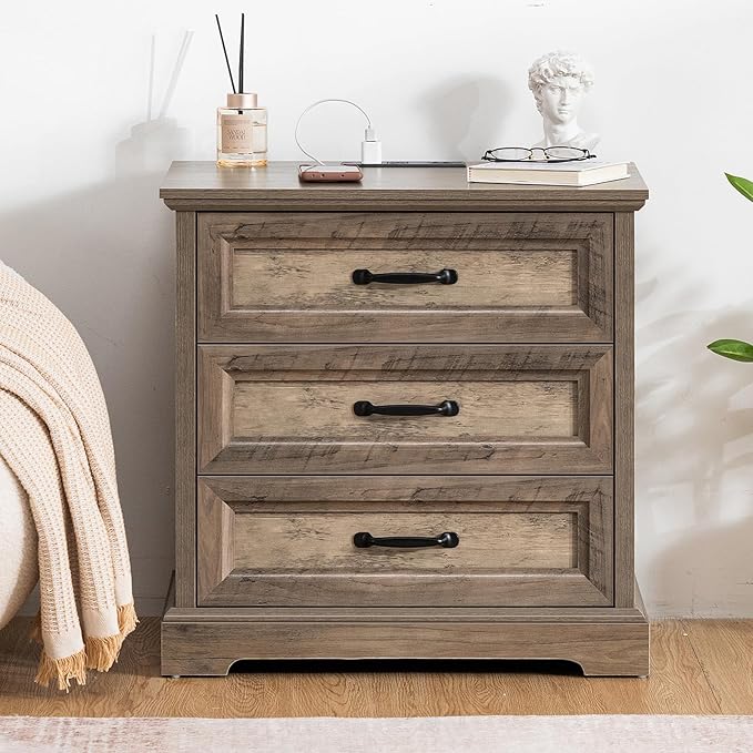 HOMMPA 24'' Farmhouse Nightstand with Charging Station, Bedside Tables with Storage, Side Table with USB Port, 3 Drawers End Table Dresser, Wood Night Stand for Bedroom, Living Room, Greige