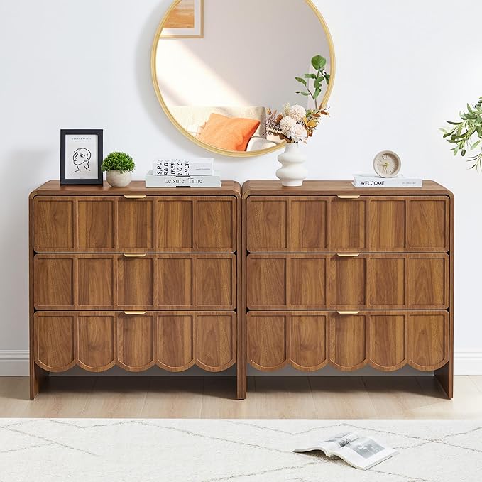 3 Drawer Dresser for Bedroom, Modern Closet Chest of Drawers with Wave Fluted Drawer, Wood Storage Small Dresser Organizer for Nursery Bedroom Living Room Hallway Closet (Walnut)