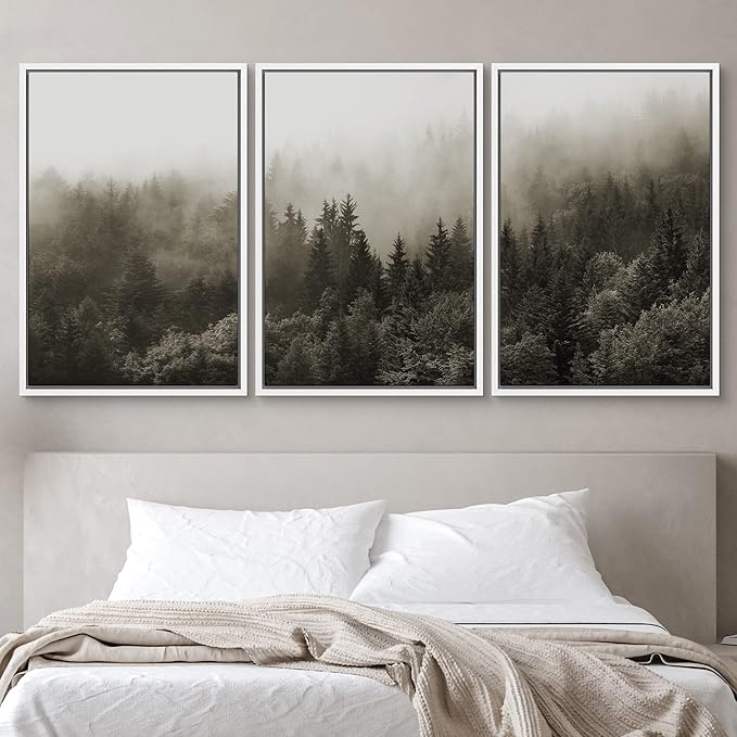 SIGNWIN Framed Canvas Print Wall Art Woodland Nursery Decor Set Fog & Mist Over Blue Pine Tree Forest Nature Modern Art Rustic Landscape Colorful for Living Room, Bedroom, Office - 16"x24"x3 White
