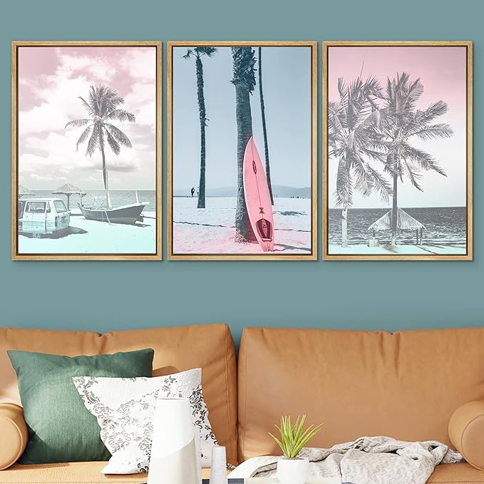 SIGNWIN Framed Canvas Print Wall Art Set Vintage Retro Hawaiian Island Hut Surfboard Nature Wilderness Photography Modern Art Landscape Relax/Calm for Living Room, Bedroom, Office - 24"x36"x3 Natural