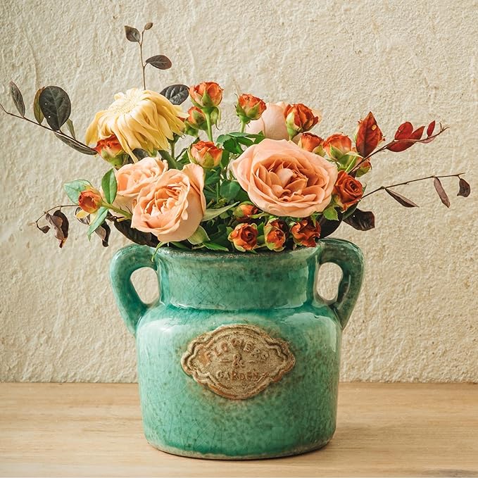 Green Rustic Ceramic Vase, 5.8 Inch Distressed Wide Mouth Vase with Ice Cracked Glazed, Farmhouse Vintage Flower Vases for Home Office Decor Living Room Bedroom Table Centerpiece Decorations
