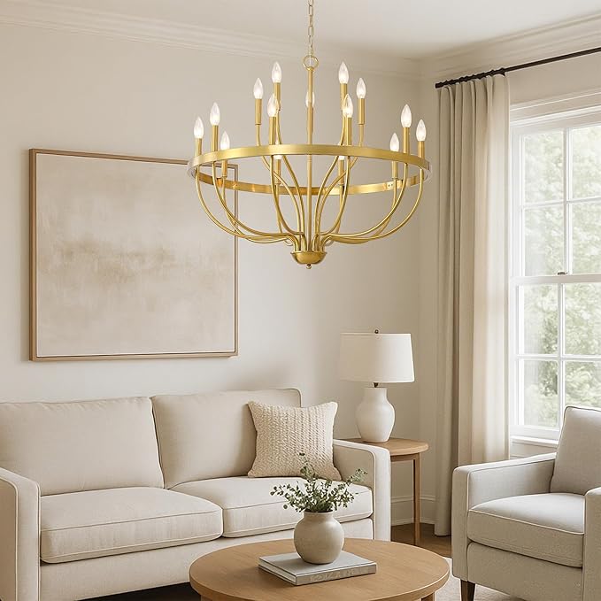 Gold Chandelier 15-Light Candle Chandelier Modern Farmhouse Pendant Lighting Fixture for Dining Room Bedroom Living Room Kitchen Island Foyer Entryway E12 Bulb Vintage Golden Ceiling Light