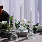 Woho Clear Taper Candle Holders 4.3" H Set of 3 for Wedding Table, Ribbed Glass Candlestick Holders for Daily Home Decor, Vintage Candle Sticks Holder Decor for Thanksgiving Christmas